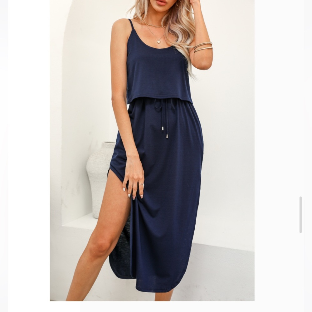 New Flowy Maxi Navy Blue Dress for Beach